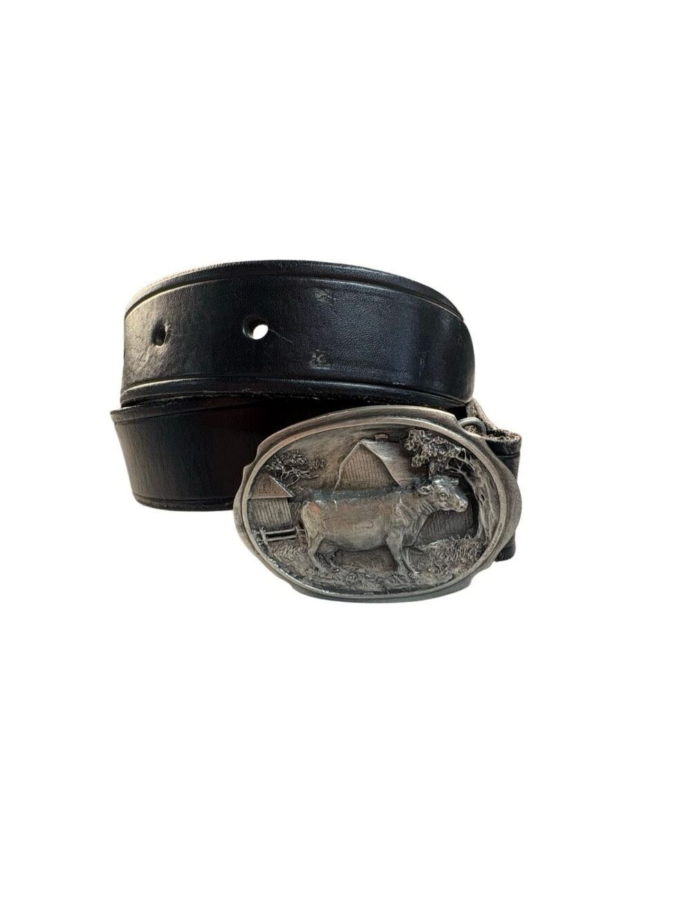 Vintage 1986 C&J Inc Dairy Cow Farm Belt Buckle Genuine Leather Belt USA Large